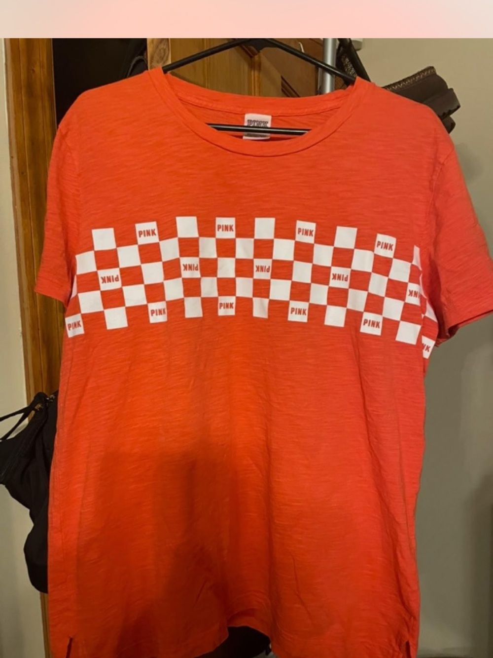 PINK Victoria's Secret Red Short Sleeve Tee with White Checkboard
